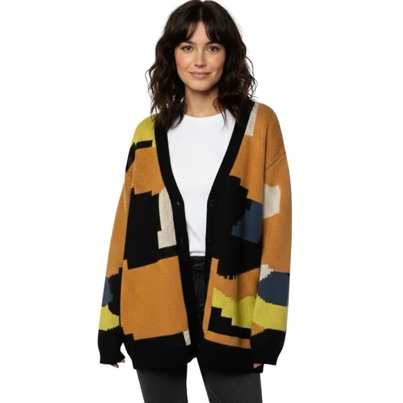 Fore Abstract Colorful Vneck Cardigan Sweater Size XL - Picture 1 of 8
